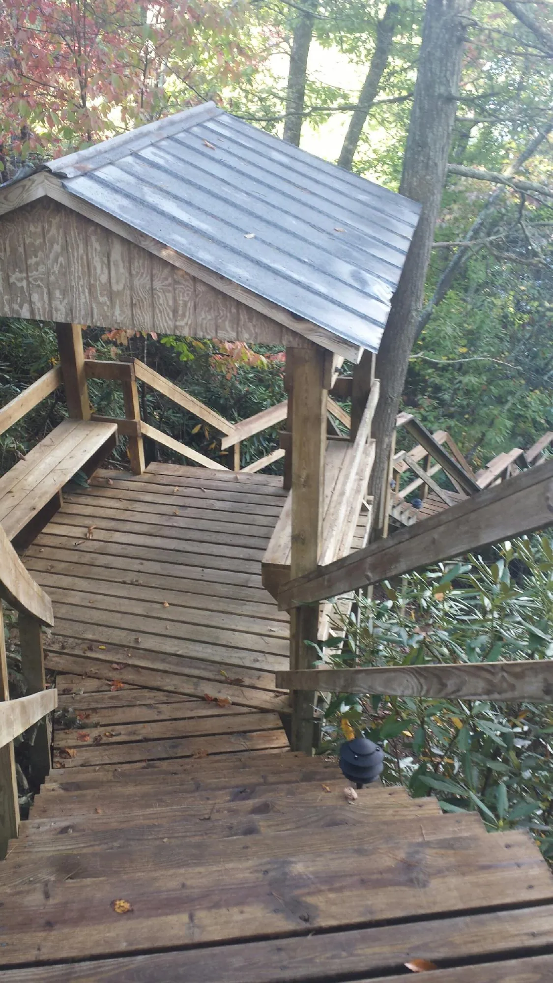 Metal roofed shelter over wooden steps on a wooded walkway — Skylight Repair & Installation work by our crew in Wirtz